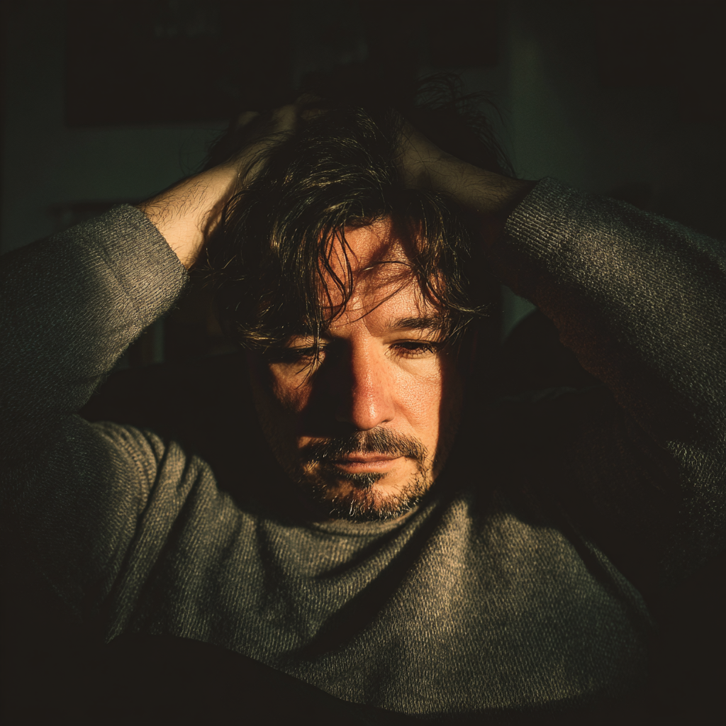 An upset man sitting on a couch with his hands on his head | Source: Midjourney