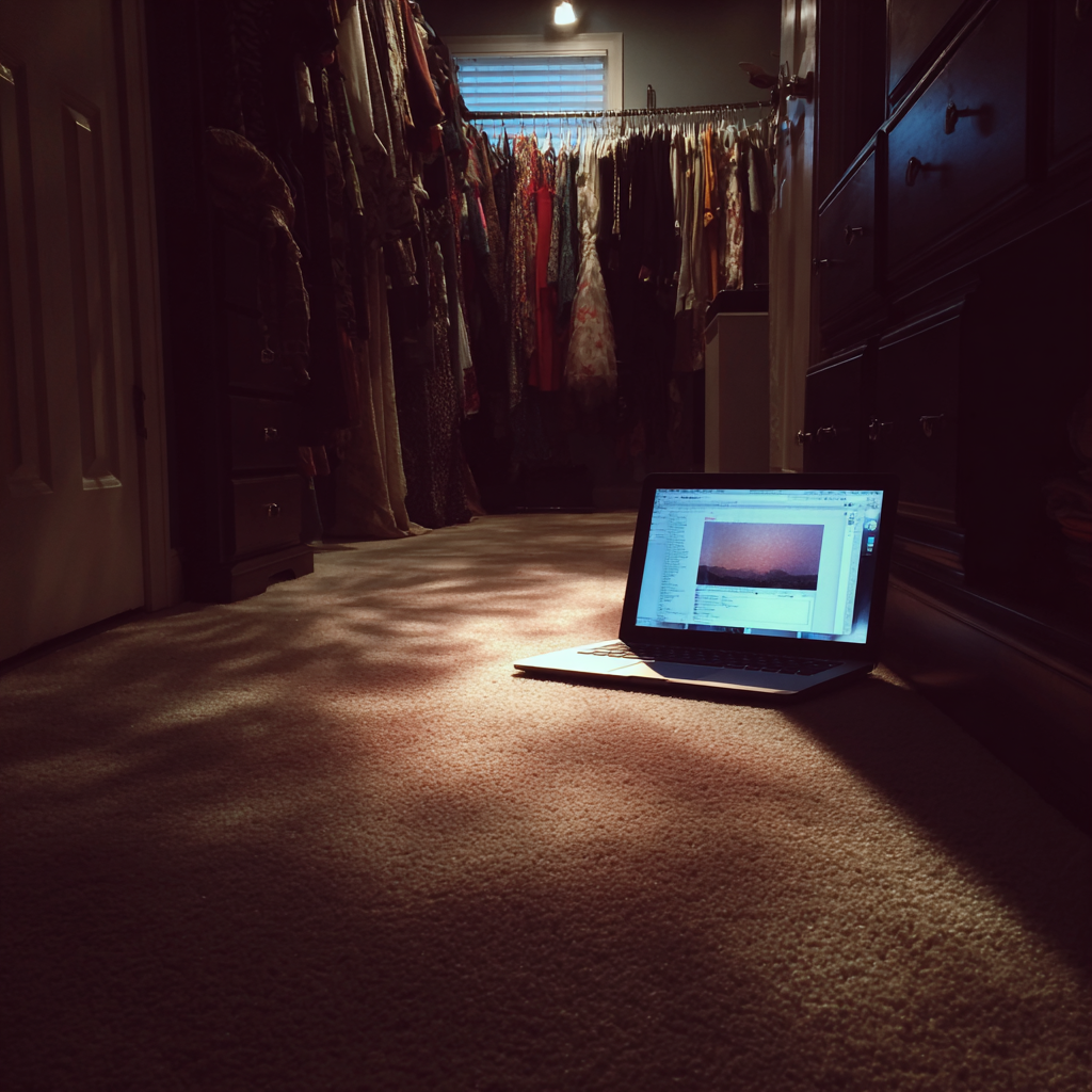 An open laptop on the floor of a closet | Source: Midjourney