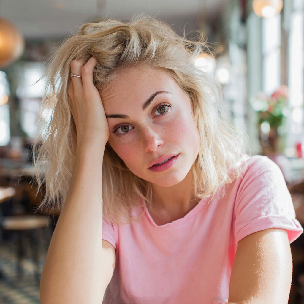 A flustered woman with her hand on her head | Source: Midjourney