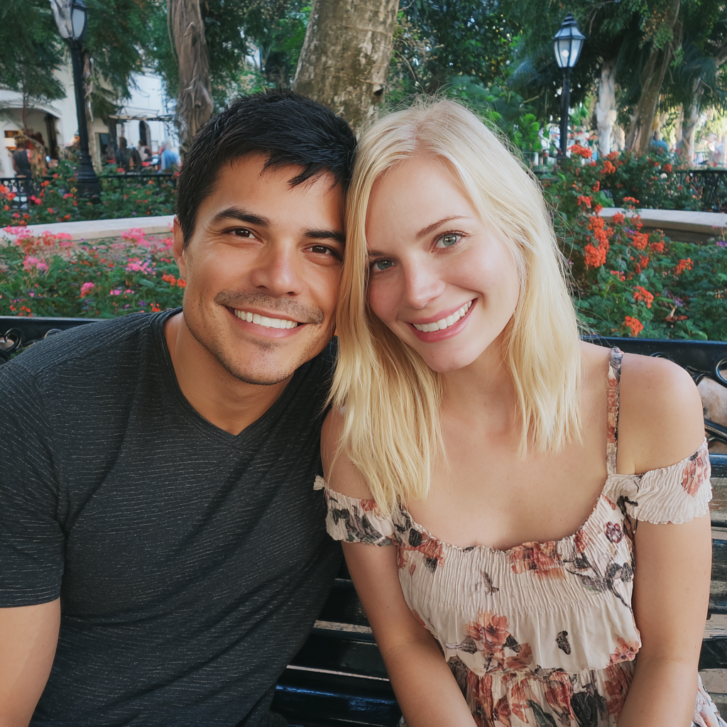 A smiling couple sitting on a<div class=