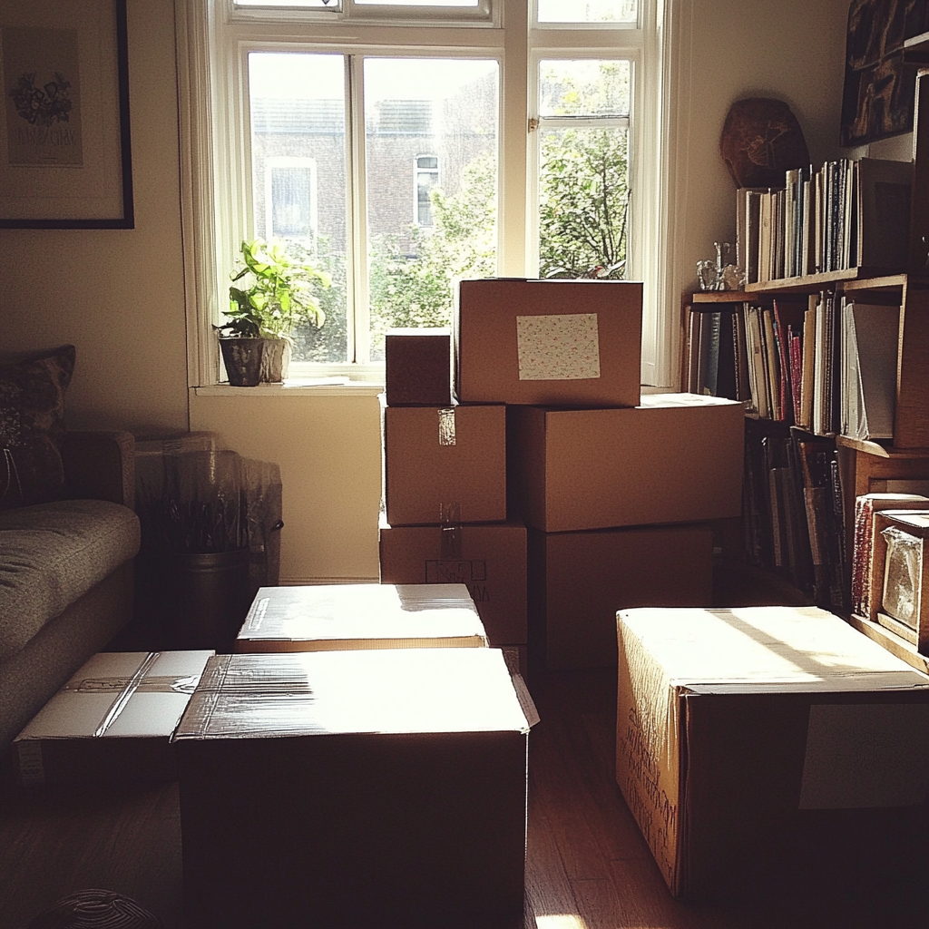 Cardboard boxes in a living room | Source: Midjourney
