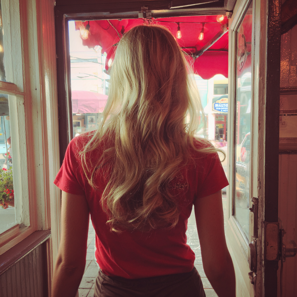 A woman walking out of an ice cream parlor | Source: Midjourney