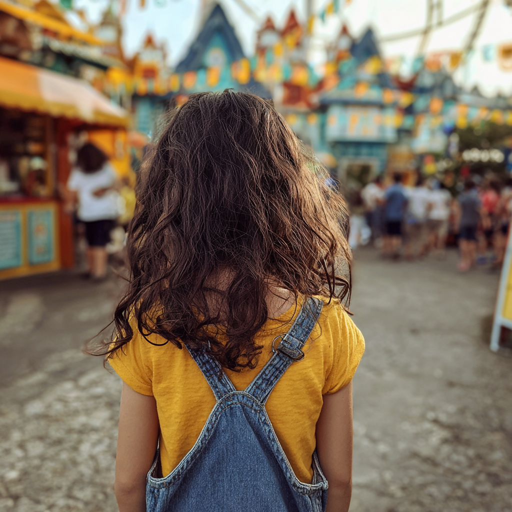 A little girl standing in an amusement park | Source: Midjourney