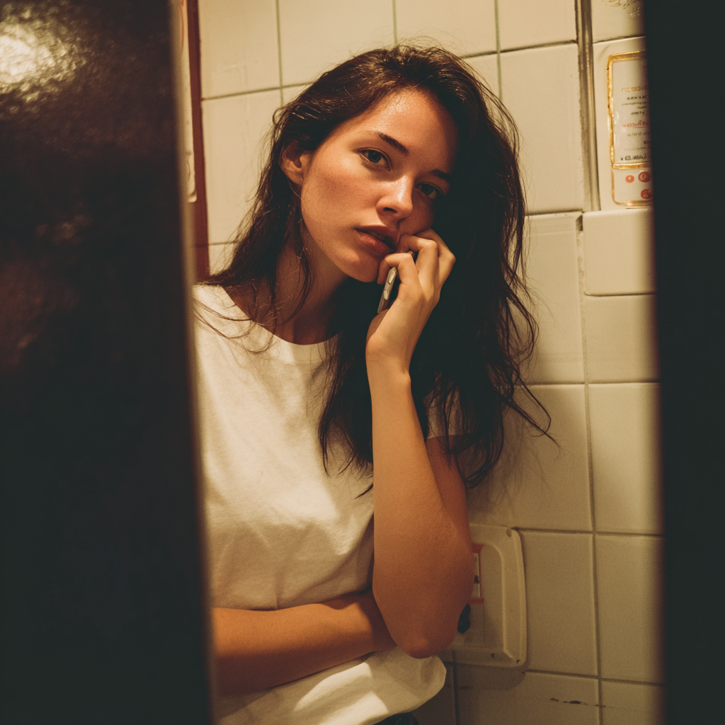 A woman talking on the phone in a bathroom | Source: Midjourney