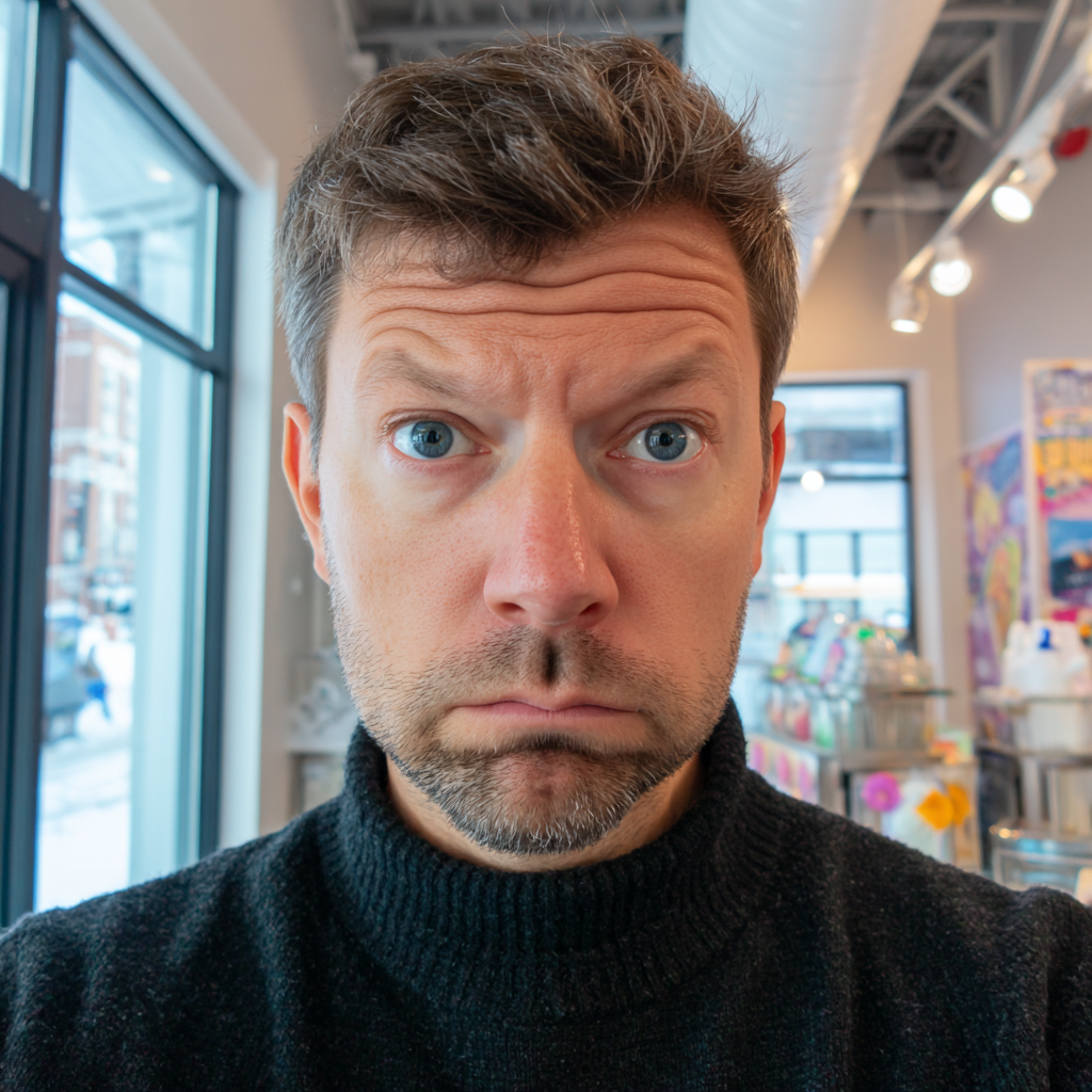 A shocked and frowning man wearing a black sweater | Source: Midjourney