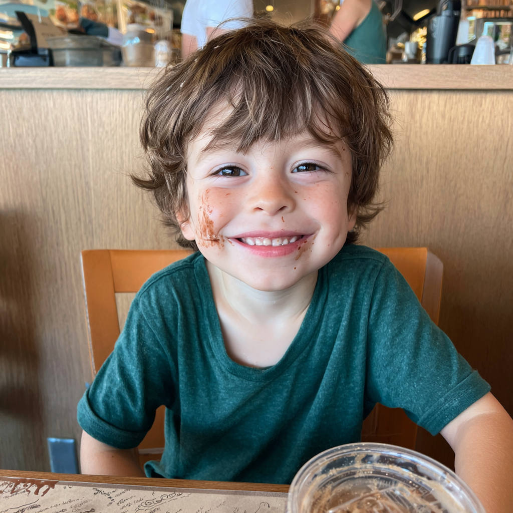 A smiling little boy with chocolate sauce on his face | Source: Midjourney