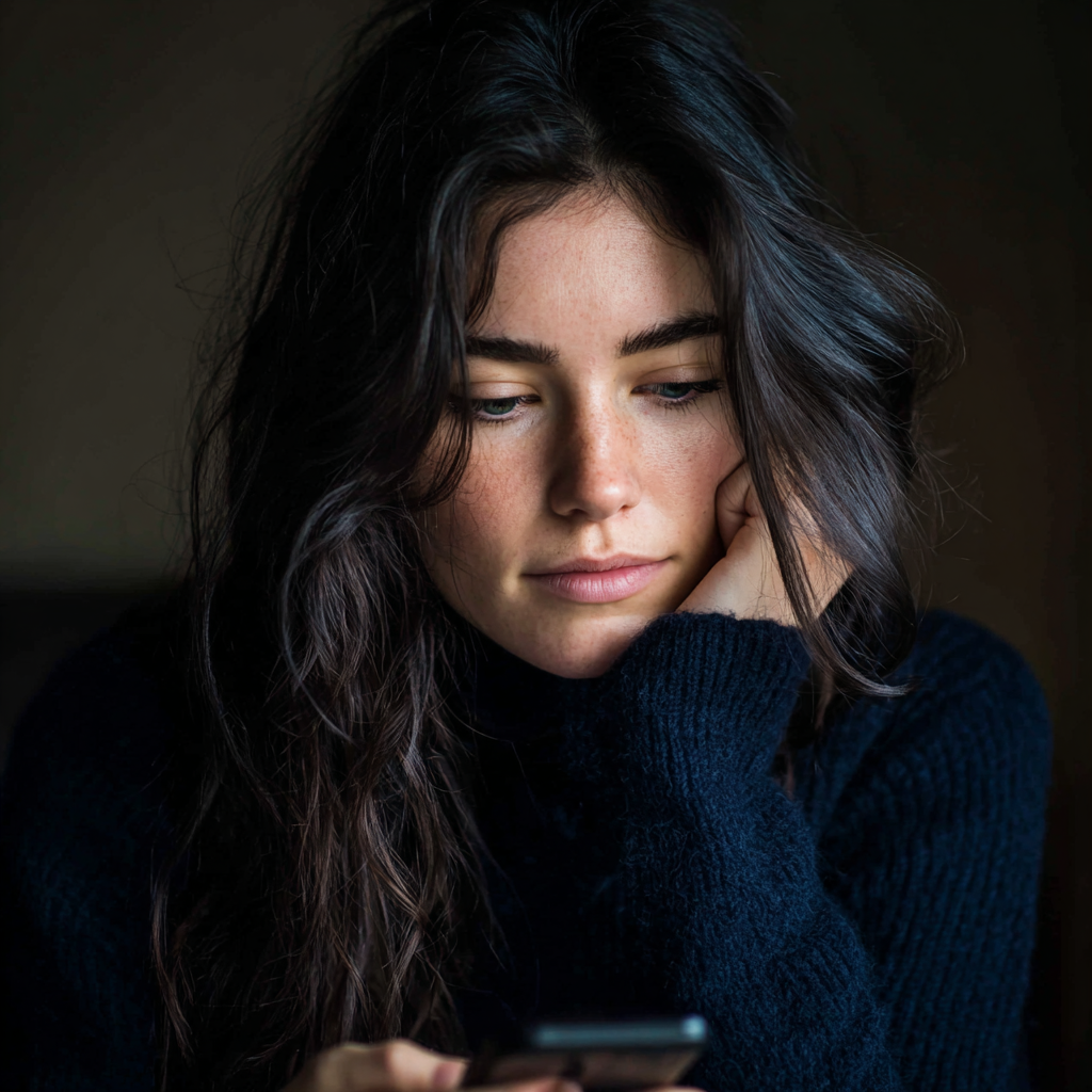 A pensive woman holding her cellphone | Source: Midjourney