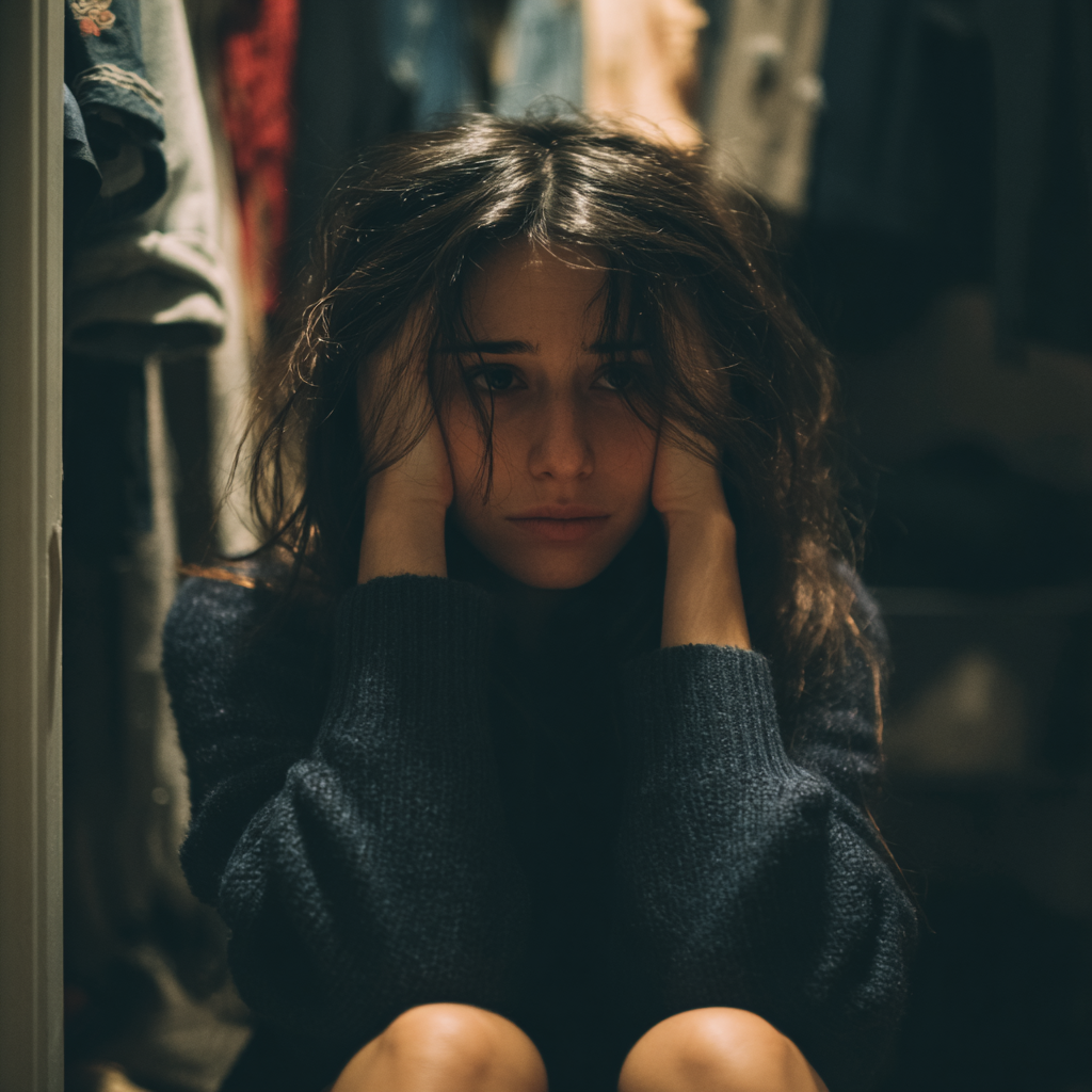An emotional woman wearing a navy sweater | Source: Midjourney