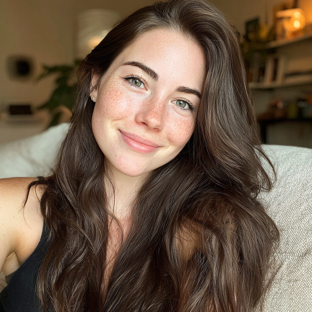 A smiling woman sitting on a couch | Source: Midjourney
