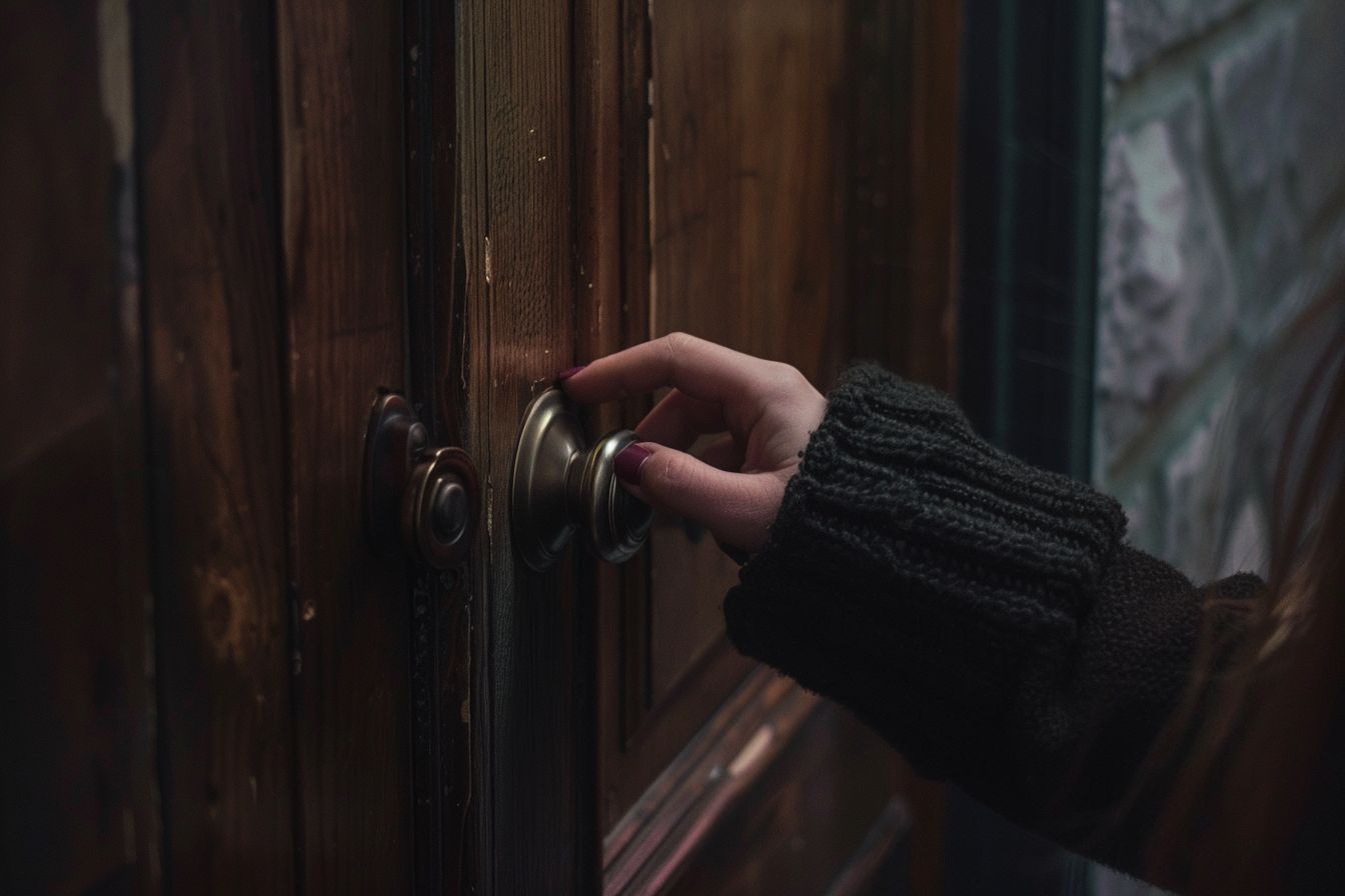 A woman holding the doorknob | Source: Midjourney