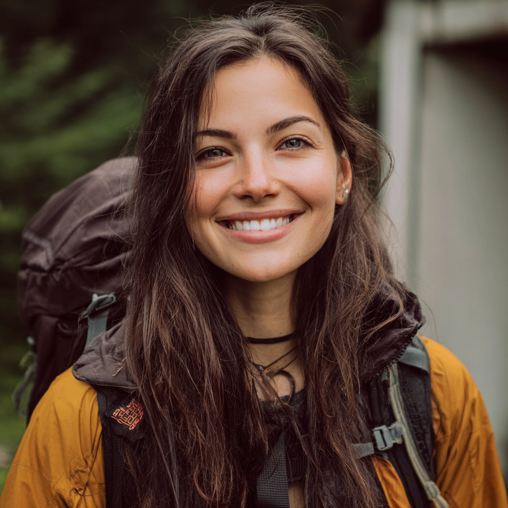 A smiling woman on a hiking trail | Source: Midjourney