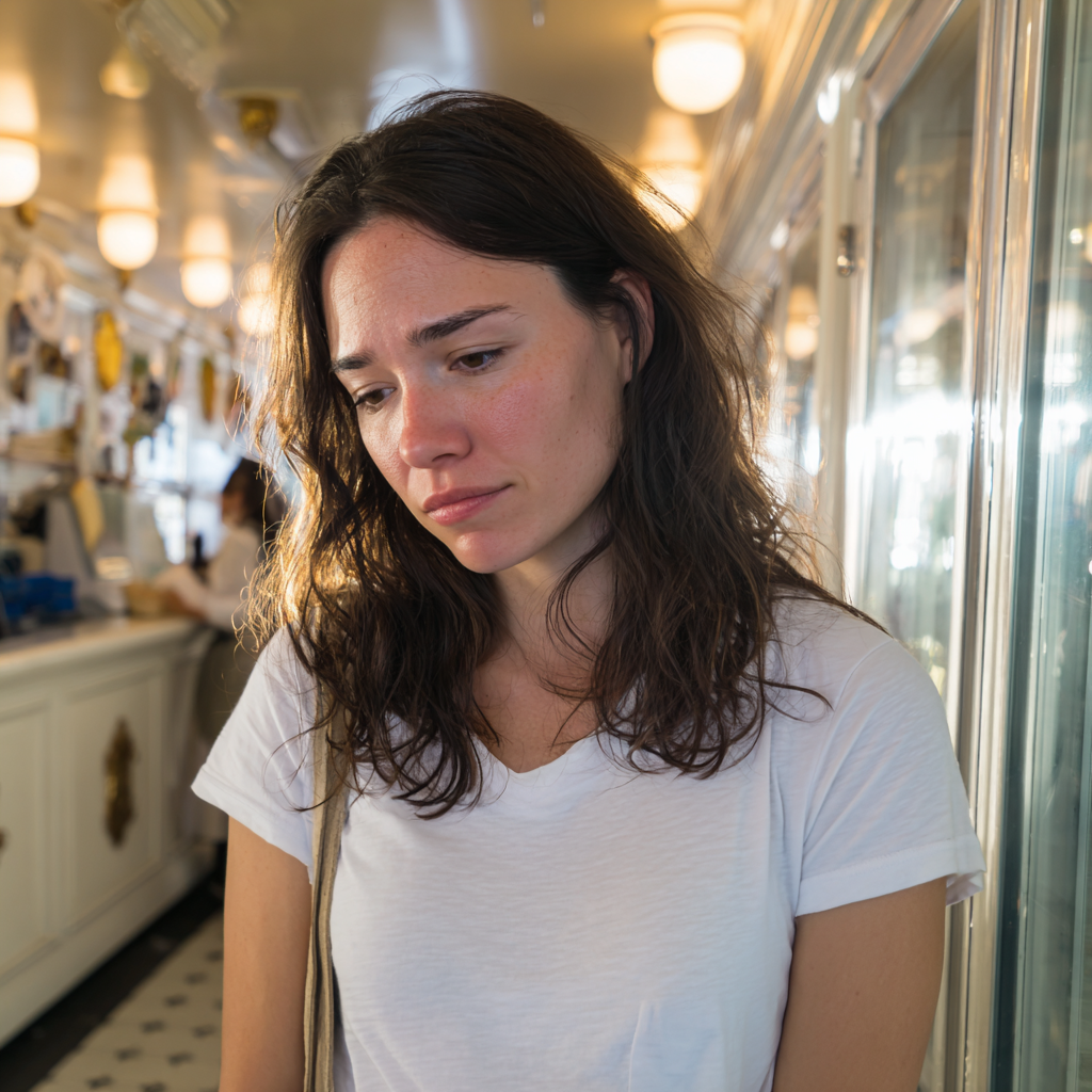 An emotional woman wearing a white t-shirt | Source: Midjourney