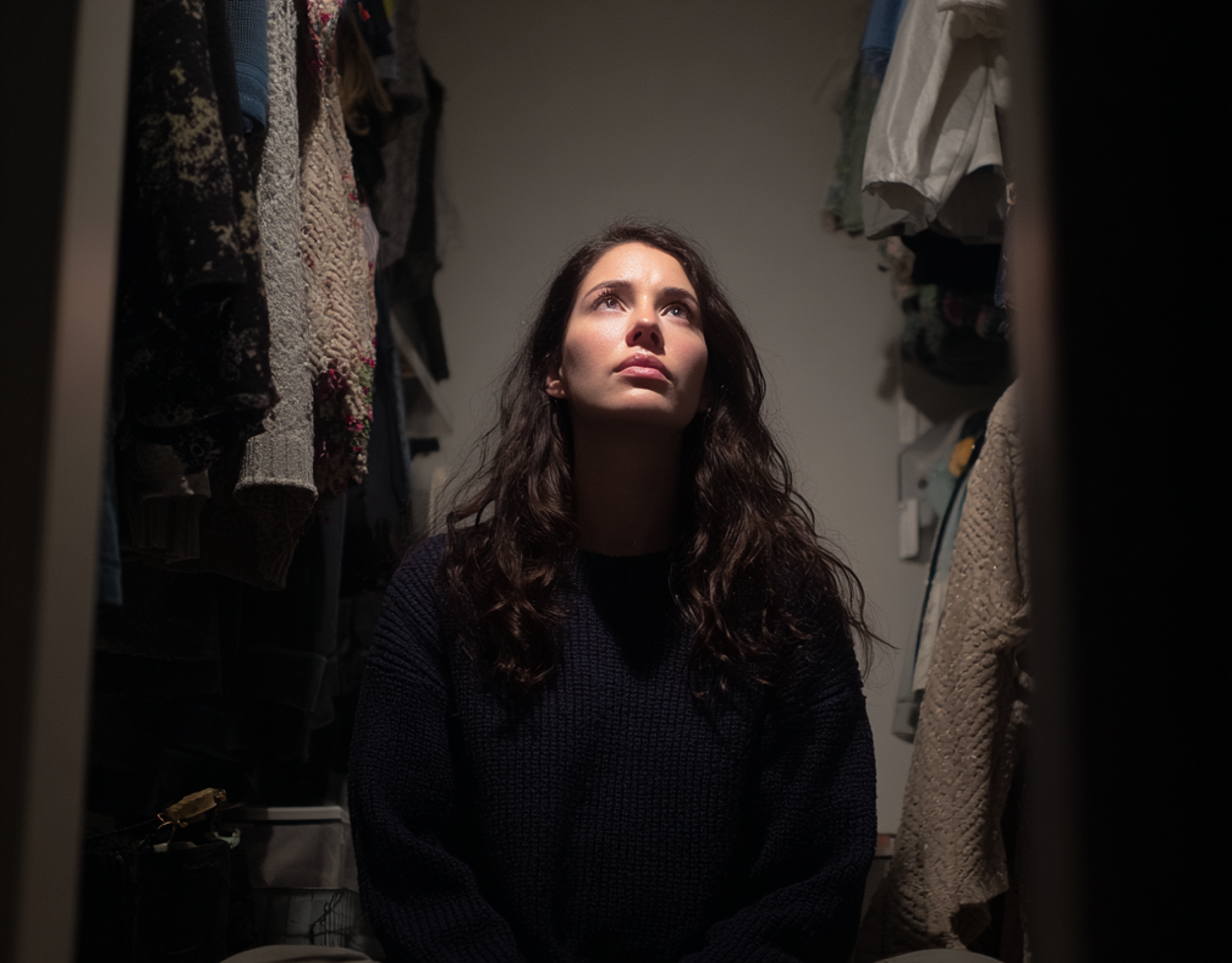 A woman sitting on the floor of a closet | Source: Midjourney