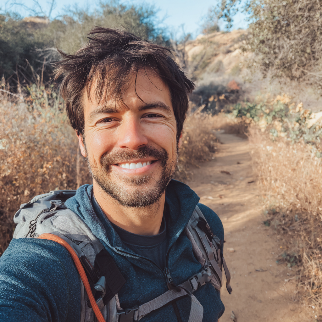 A smiling man on a hiking trail | Source: Midjourney